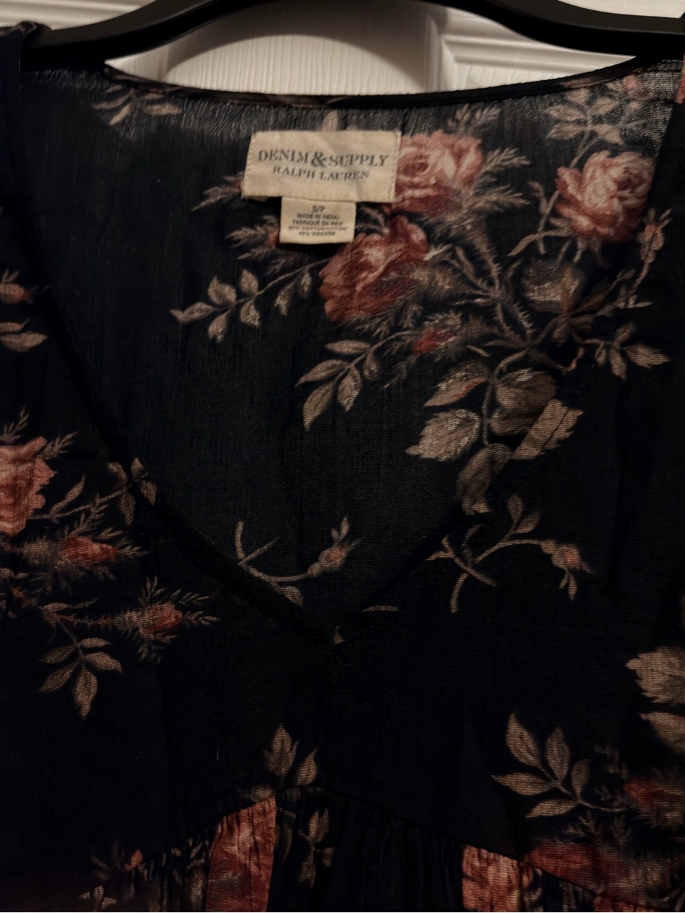Ralph Lauren Denim & Supply Black Floral V-Neck Blouse with Rose Print